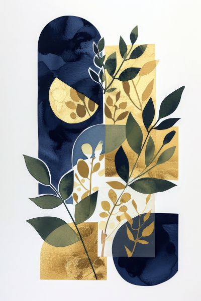 Bladeren en Cirkels in Blauw en Goud