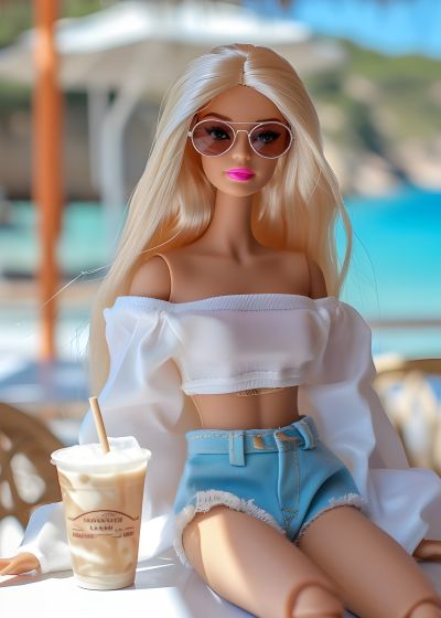 Barbie met een Frappuccino aan het Strand