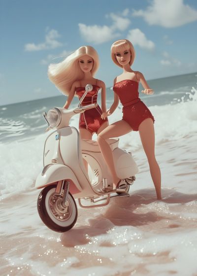 Twee Barbies op Vespa-Avontuur aan Zee