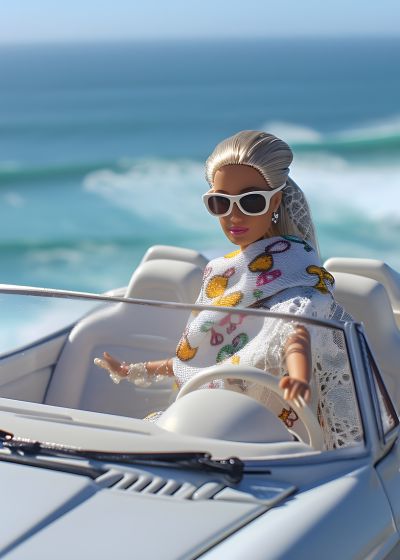 Barbie in een Cabrio langs de Zee