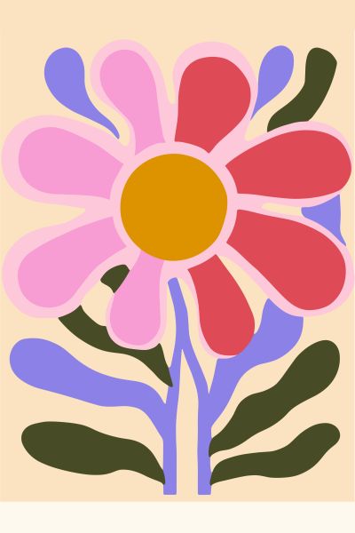 Bloem in Roze, Rood en Blauw op Crème