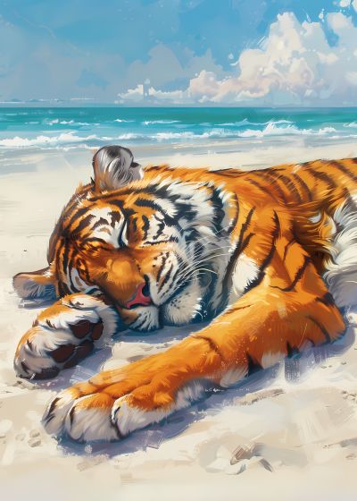 Tijger Slaapt op het Witte Strand