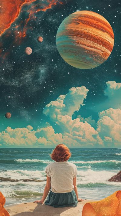 Meisje aan Zee Kijkt naar Jupiter