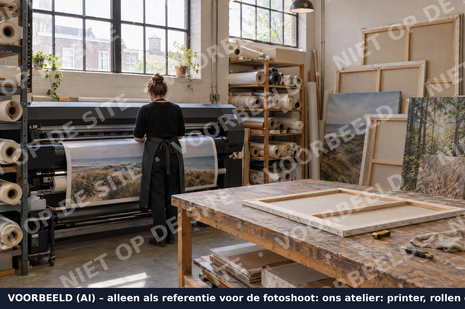 Voorbeeldbeeld van het atelier: printer, rollen doek en spieramen