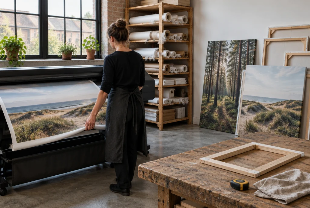 Ons atelier: printer, rollen doek en spieramen